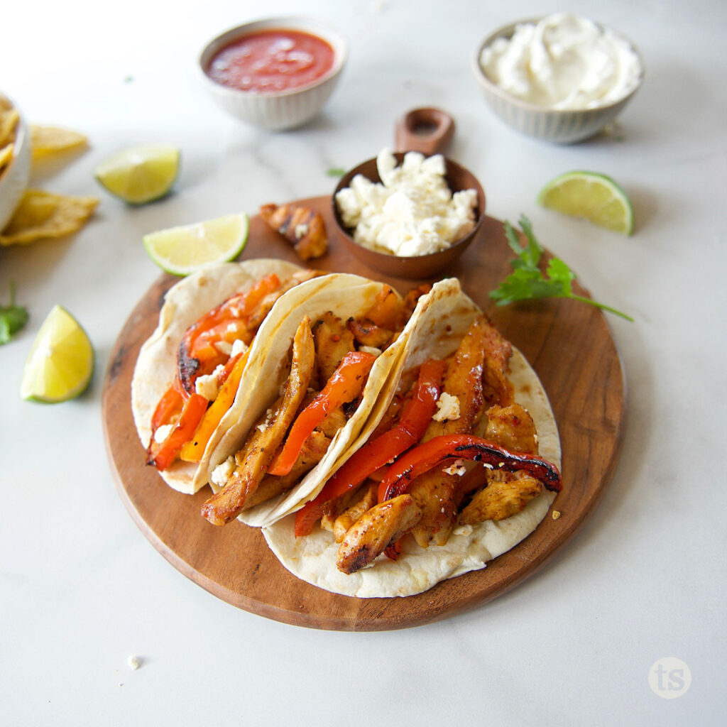 Chicken fajitas, loaded with sweet bell peppers, onions and spices