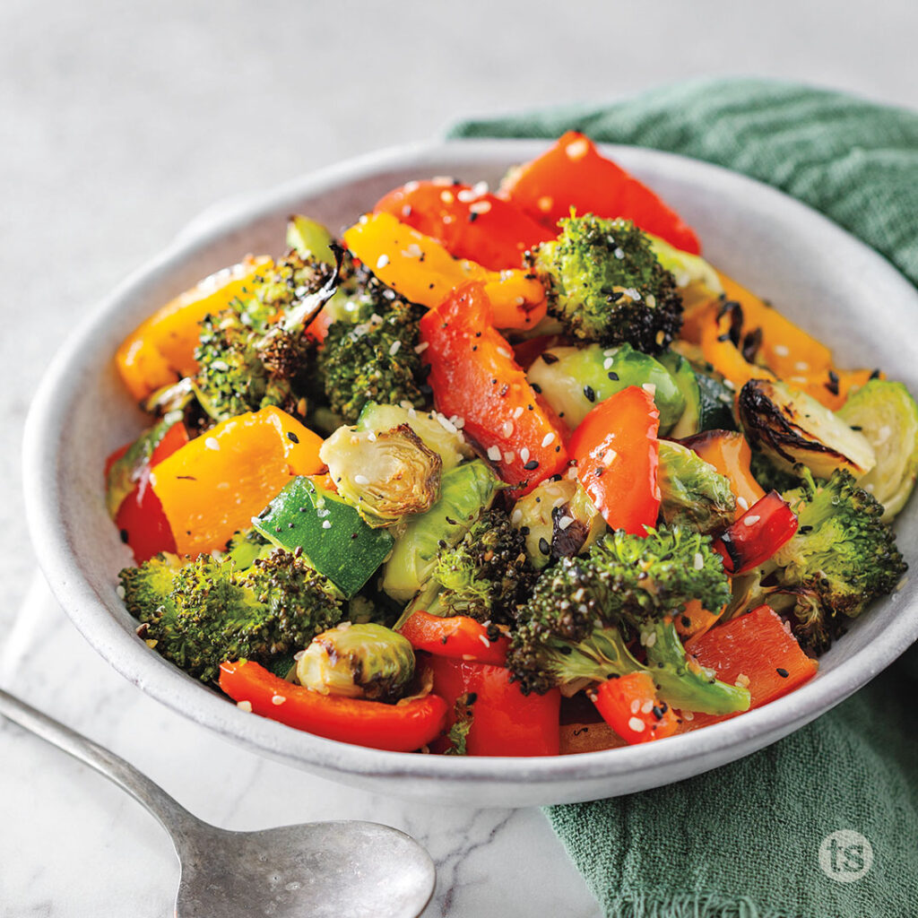 broccoli, peppers, mushrooms, zucchini, cauliflower, Brussels sprouts