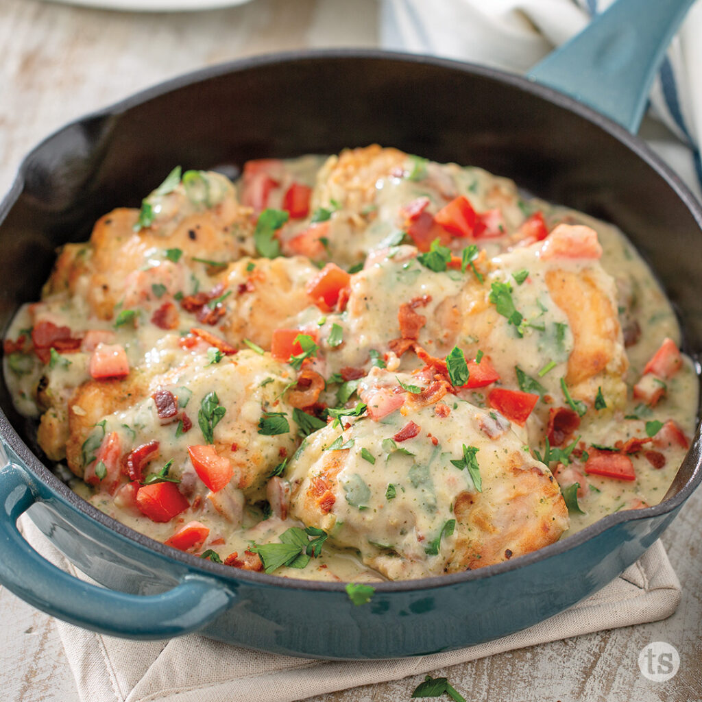 Try this Skillet Chicken with Light Bacon Cream Sauce