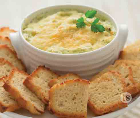 Artichoke & Spinach Warm Dip with Beer Bread Crostinis Recipe