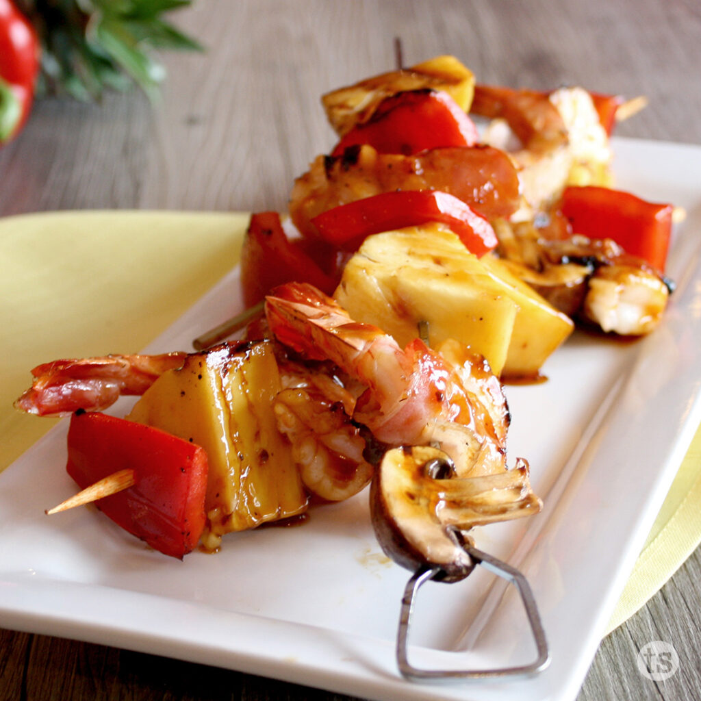 Try these Bacon Wrapped Shrimp Teriyaki Kabobs